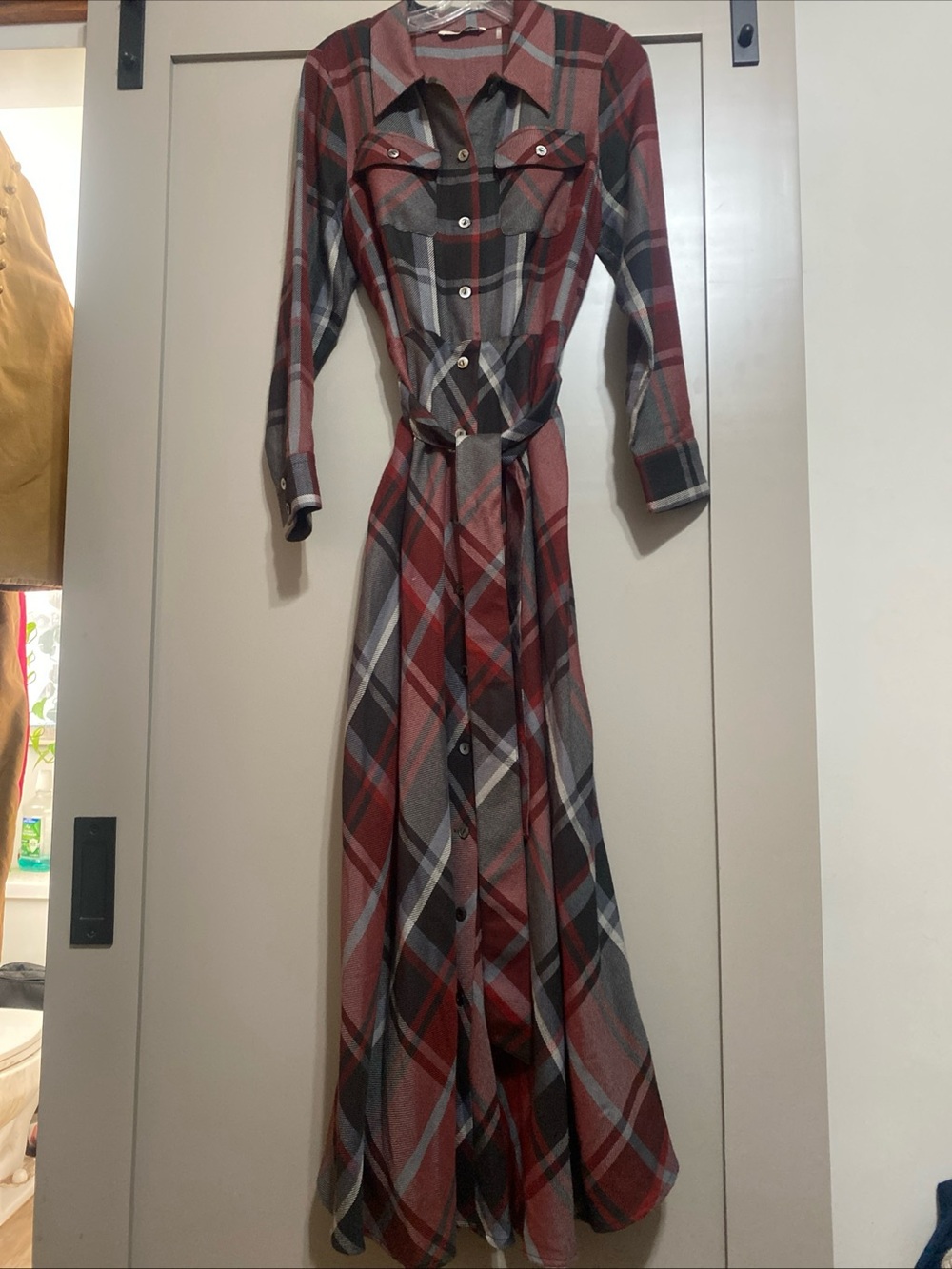 Soft Surroundings Red and Gray Plaid Maxi Shirt Dress with Belt